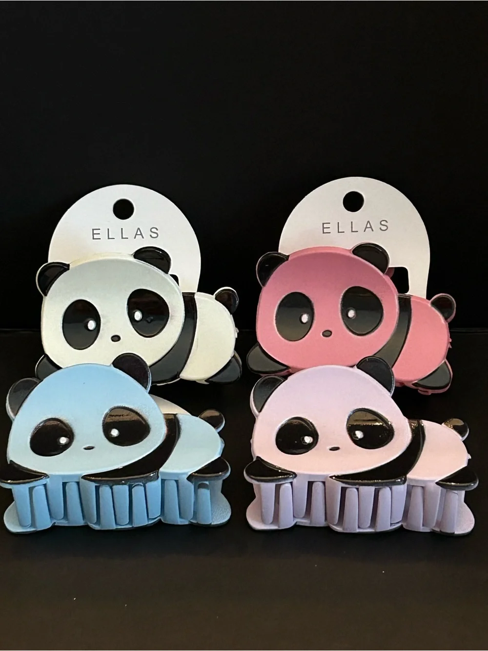 Ellas Panda Kids Hair Claw Clips - Blue, Pink, Purple and White Set of Four